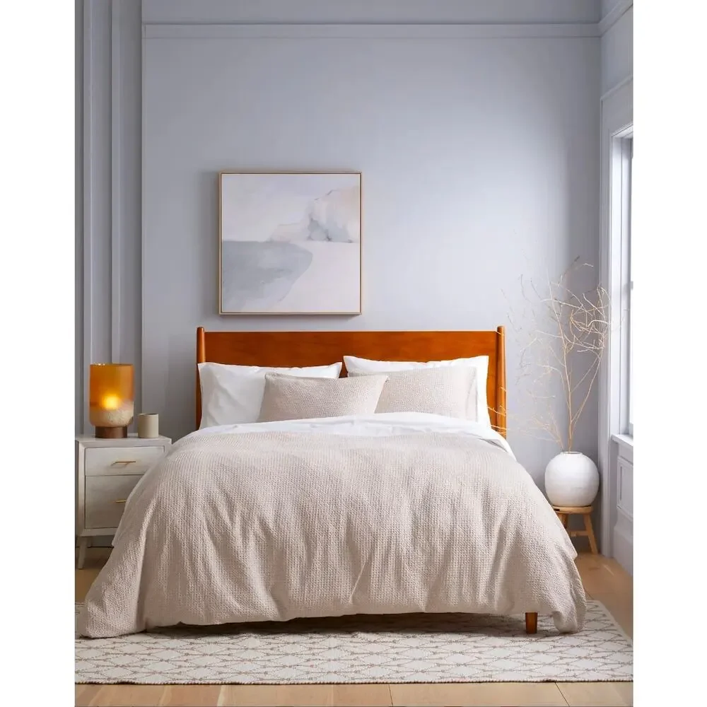 Quince Luxe Honeycomb 100% Organic Cotton Duvet Cover 3Pc Set Full Queen Sand